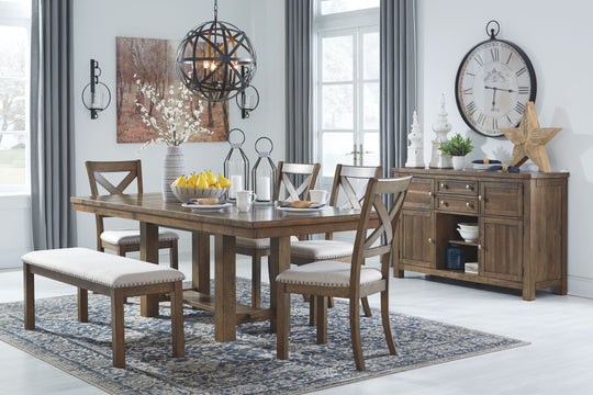 Moriville - Rectangular Dining Table Set Dark Gray 7 Pc. - Rectangular Dining Room Extension Table, 4 Upholstered Side Chairs, Upholstered Bench, Server by Signature Design by Ashley® | Bel Furniture
