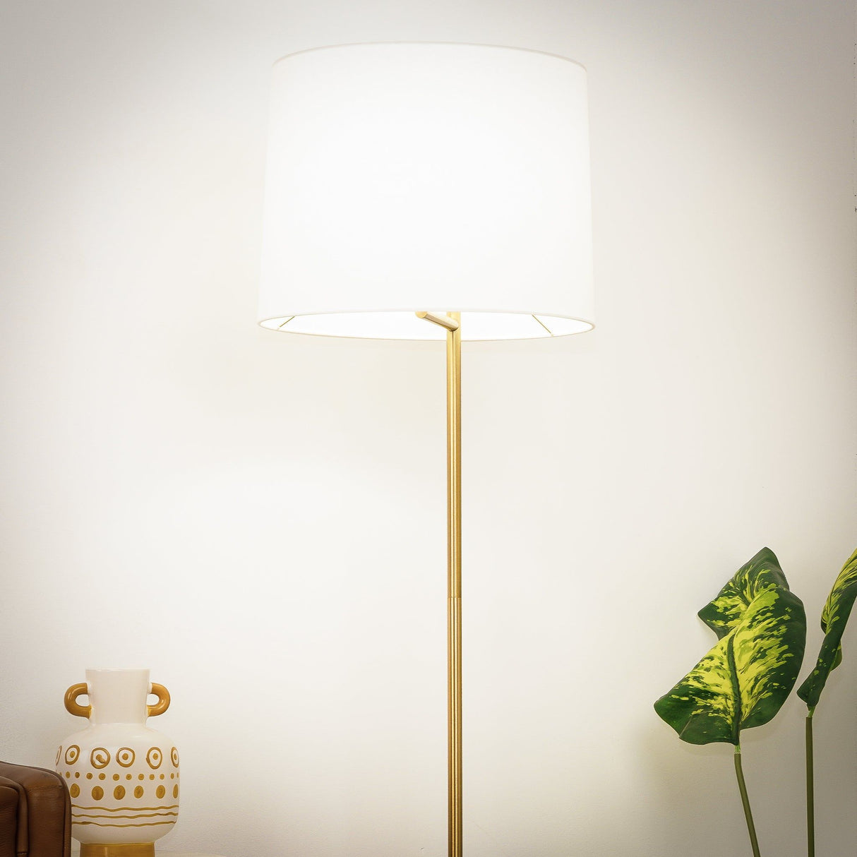 Zenith - Offset Base Floor Lamp With Drumshaped Linen Shade - Gold / White by Ashcroft Furniture | Bel Furniture