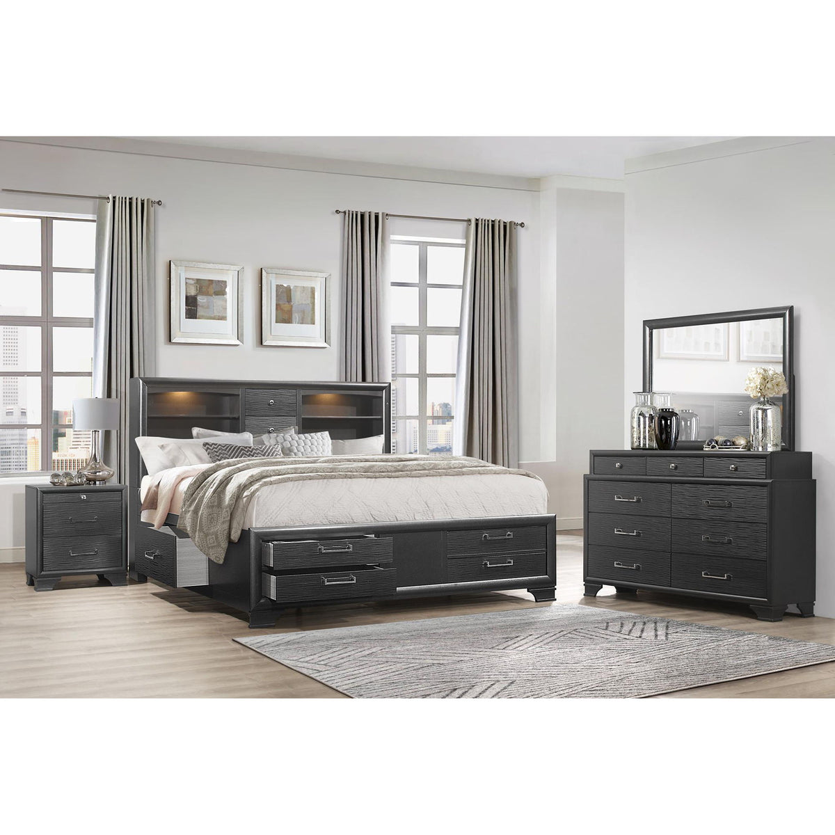 Civic - King Storage Bed With Bookcase Headboard And Built In Lighting - Gray