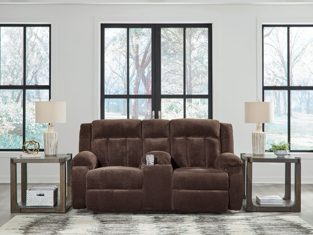 Free Wake - Chocolate - Double Relcining Power Loveseat With Console by Signature Design by Ashley® | Bel Furniture
