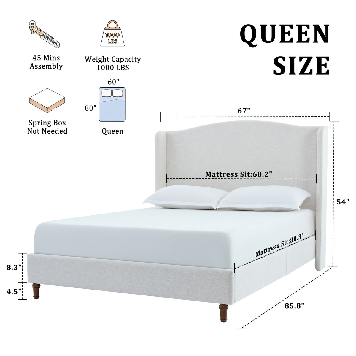 Hannah - Upholstered Wingback Bed Size / Tall Headboard Upholstered King Bed / Premium Textured Look / Minimalist Designs / No Box Spring Needed