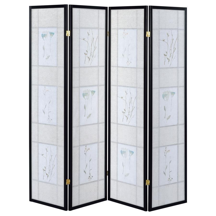 Catabella - 4-Panel Room Divider Folding Shoji Screen Floral - Black by CoasterEveryday | Bel Furniture