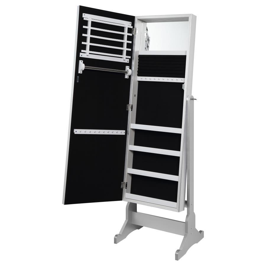 Moore - Cheval Mirror With Jewelry Storage - Silver by CoasterEssence | Bel Furniture