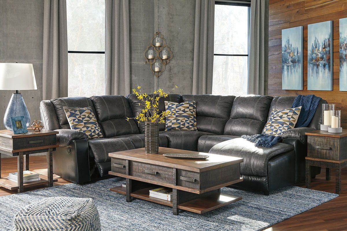 Nantahala - Reclining Sectional With Chaise Dark Gray 4-Piece Reclining Sectional with Right-Arm Facing Chaise by Signature Design by Ashley® | Bel Furniture