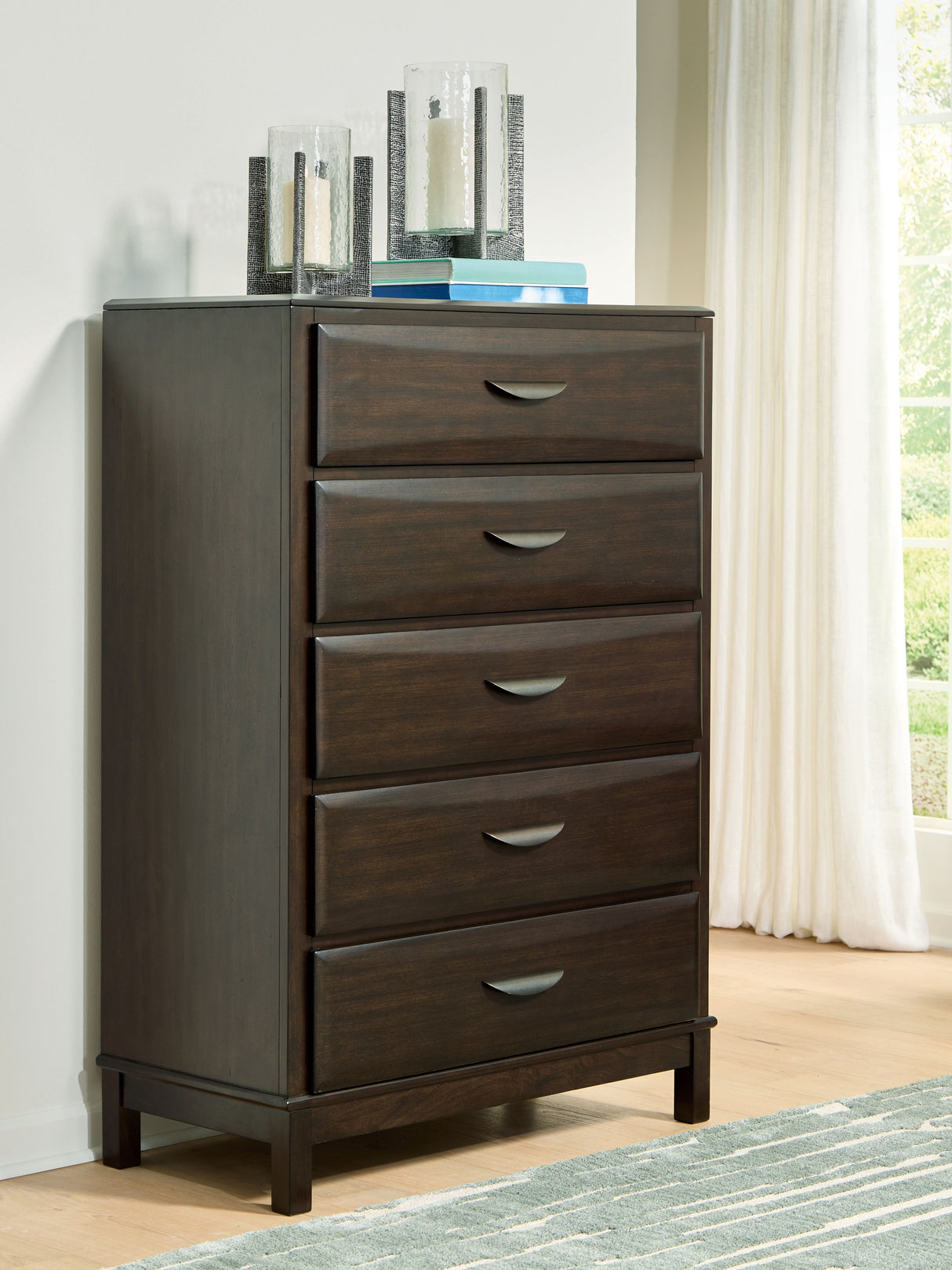 Vanmore - Dark Brown - Five Drawer Chest by Benchcraft® | Bel Furniture