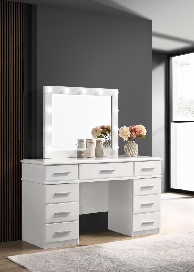 Felicity - 9-Drawer Vanity Table With Lighted Mirror - Glossy White by CoasterElevations | Bel Furniture