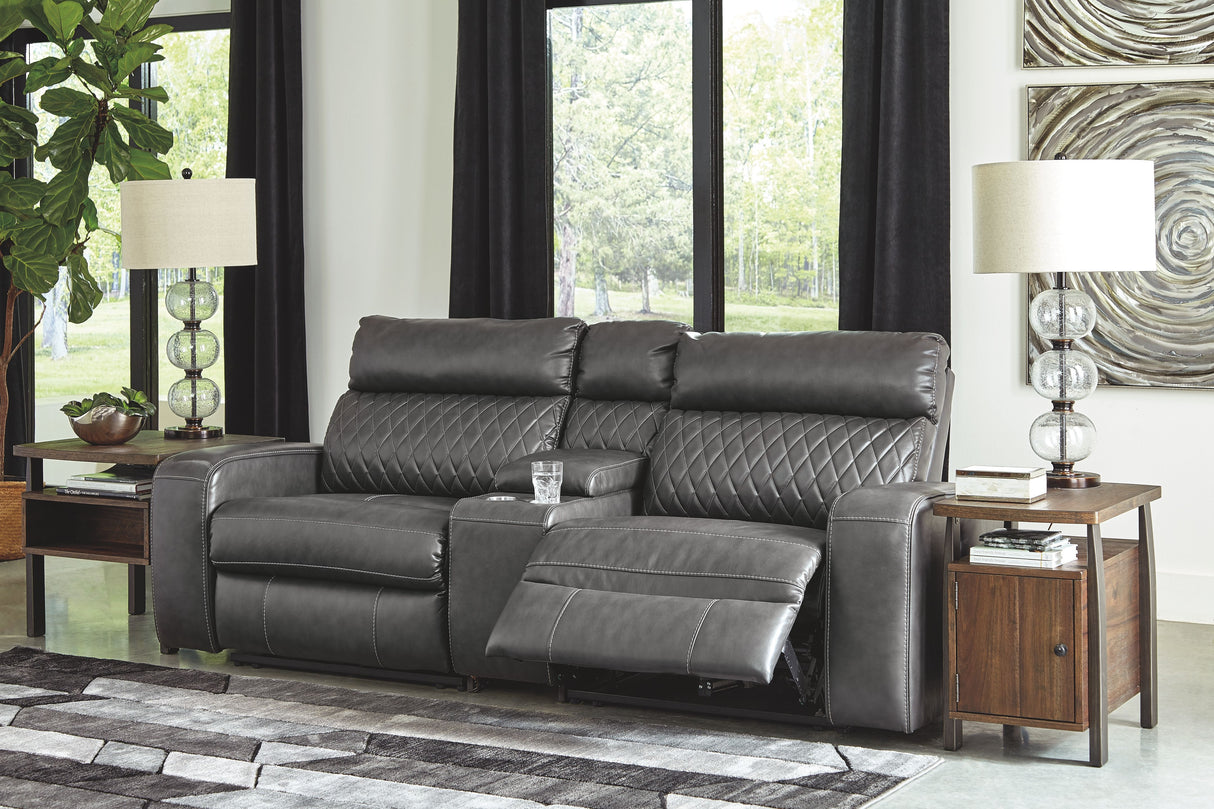 Samperstone - Power Reclining Sectional Gray 3-Piece Power Reclining Sectional with Console Storage by Signature Design by Ashley® | Bel Furniture