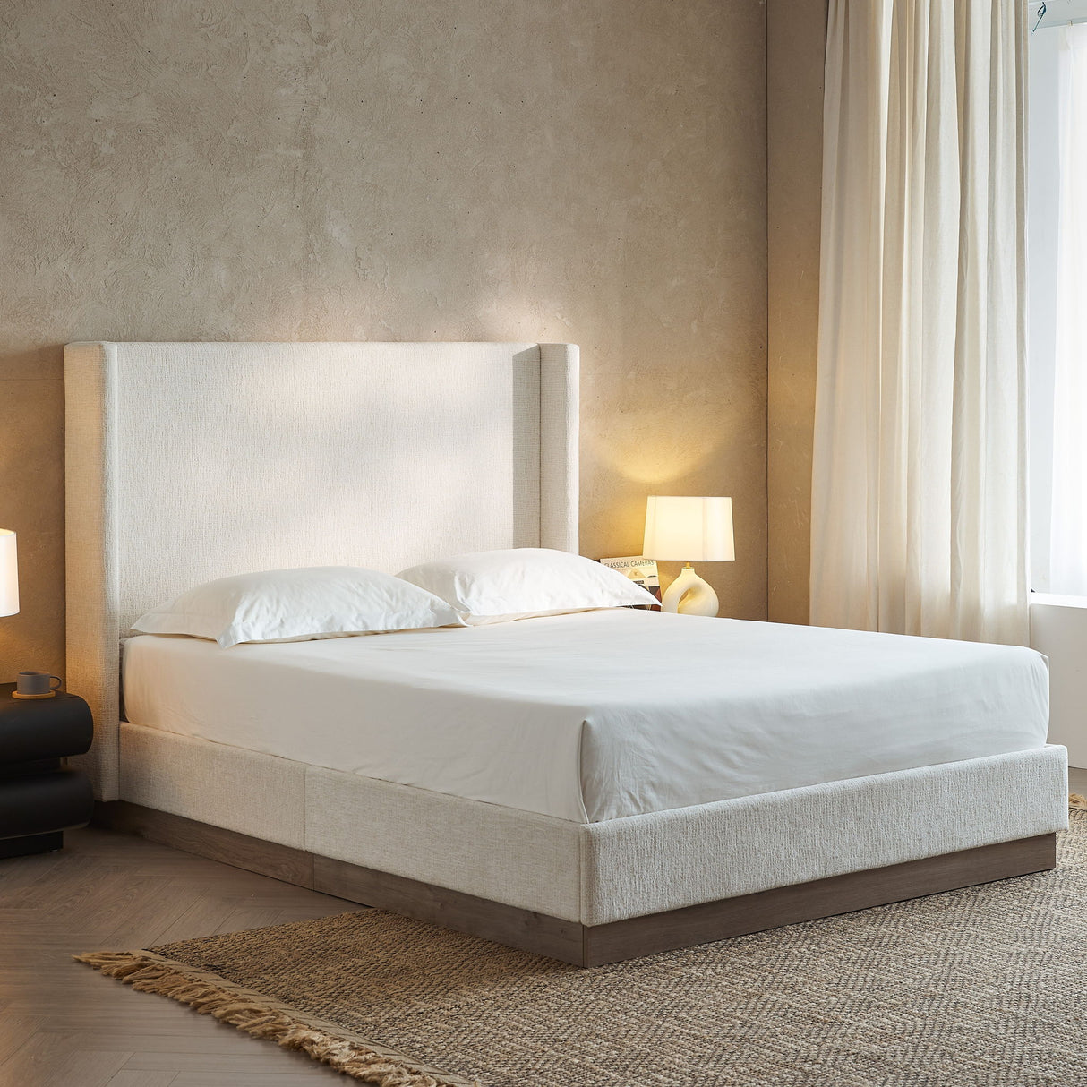 Hosford - Minimalist Upholstered Wingback Bed With Wood Base Platform