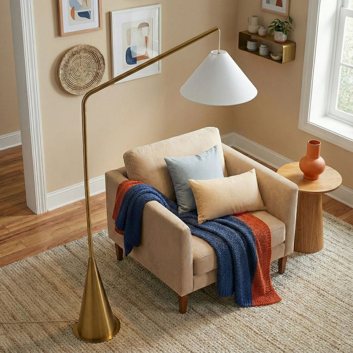 Lisbon - Floor Lamp With On / Off Switch Coned Base Hanging Shade - Antique Brass / White