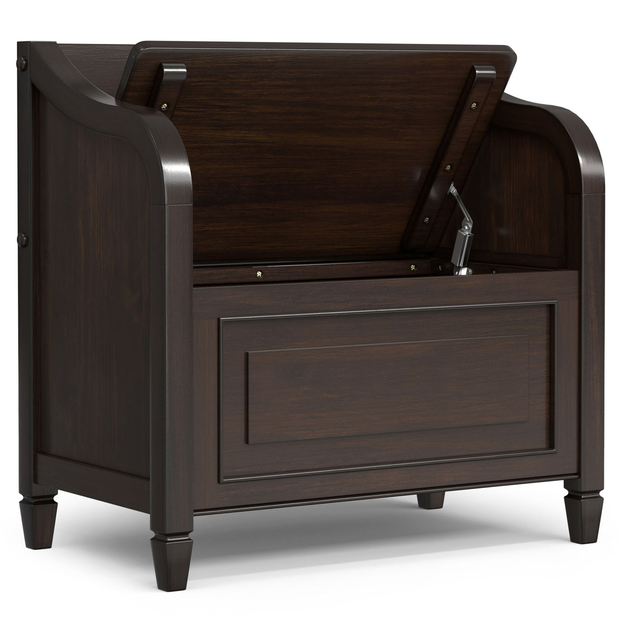 Dark brown wood storage bench with lift-top lid and paneled front, transitional style - Bel Furniture