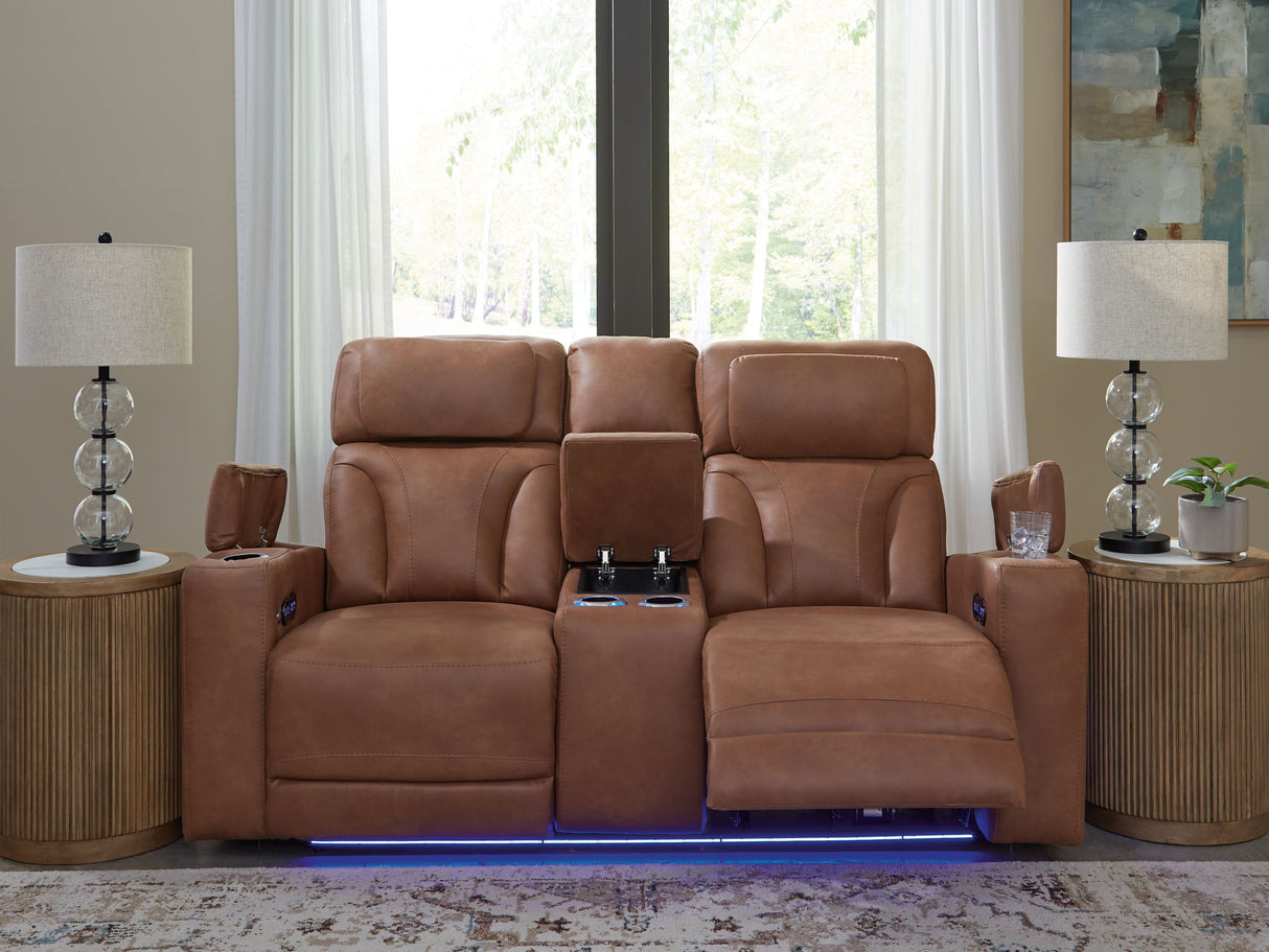 Clean-Slate - Caramel - Power Reclining Loveseat With Console / Adj Headrest by Signature Design by Ashley® | Bel Furniture