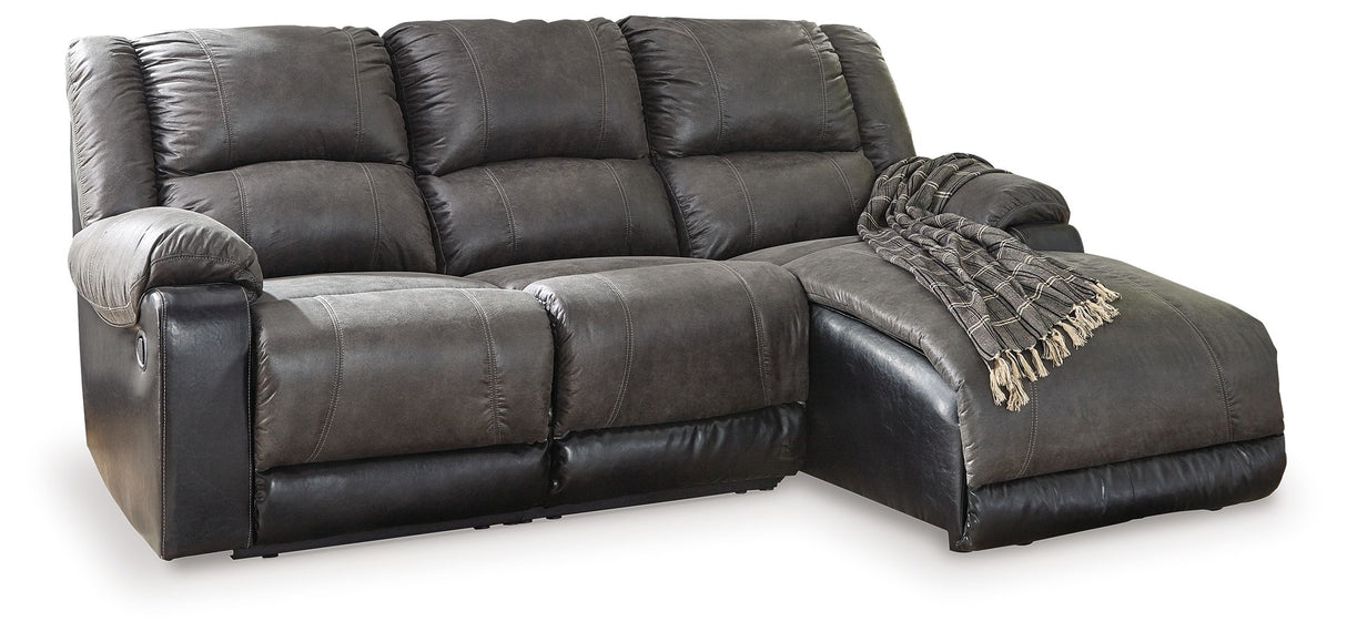 Nantahala - Reclining Sectional With Chaise Dark Gray 3-Piece Reclining Sectional with Right-Arm Facing Chaise by Signature Design by Ashley® | Bel Furniture