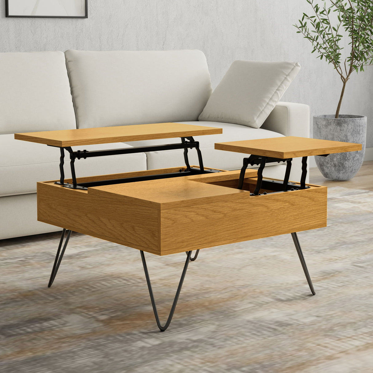 Hunter handcrafted lift top coffee table in natural wood with black metal legs and mechanism