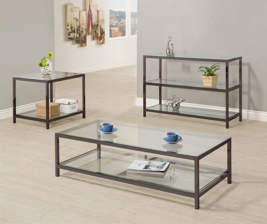 Trini - 1-Shelf Glass Top Coffee Table - Black Nickel by CoasterEssence | Bel Furniture