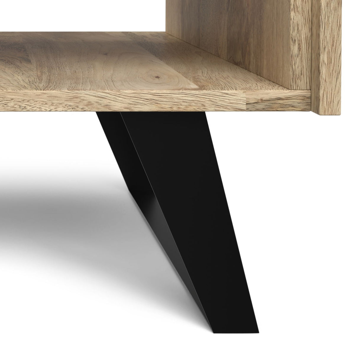 Lowry handcrafted end table with natural wood top and angled black metal leg, modern design - Bel Furniture
