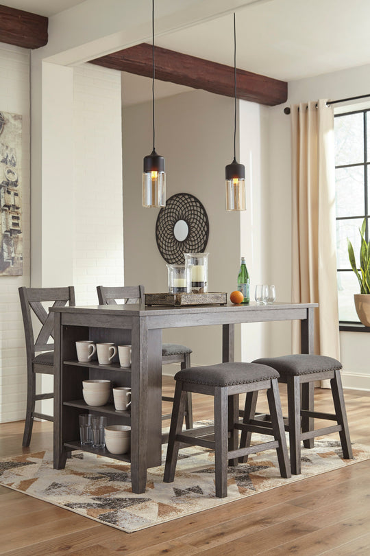 Caitbrook - Rectangular Counter Table Set Gray 5 Pc. - Rectangular Dining Room Counter Table, 2 Upholstered Stools, 2 Upholstered Barstools by Signature Design by Ashley® | Bel Furniture