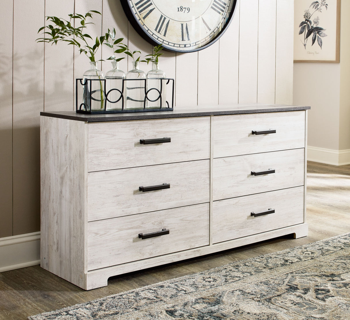 Shawburn - White / Black / Gray - Six Drawer Dresser - Pewter-tone pulls by Signature Design by Ashley® | Bel Furniture