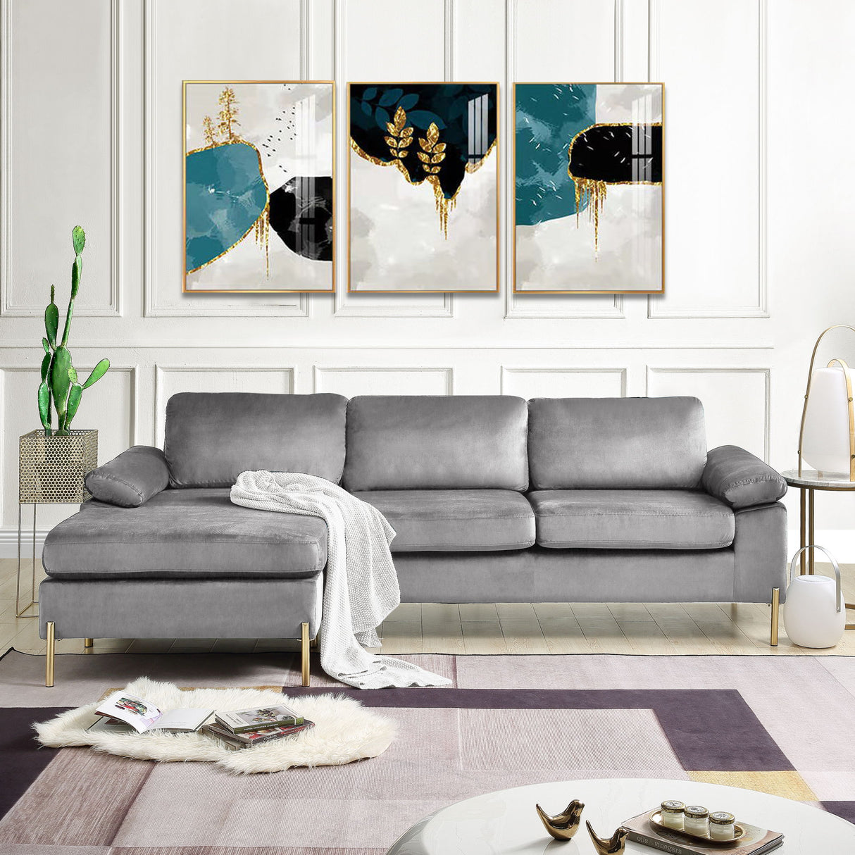 Shannon - Velvet Sectional Sofa With Chaise Gray by Cynthia's Furniture | Bel Furniture