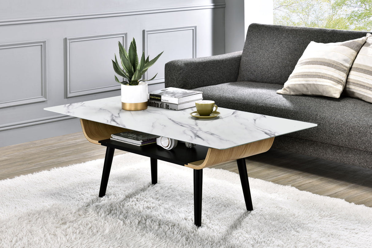 Landon - Coffee Table With Glass Marble Texture Top And Bent Wood Design by Lilola Home | Bel Furniture