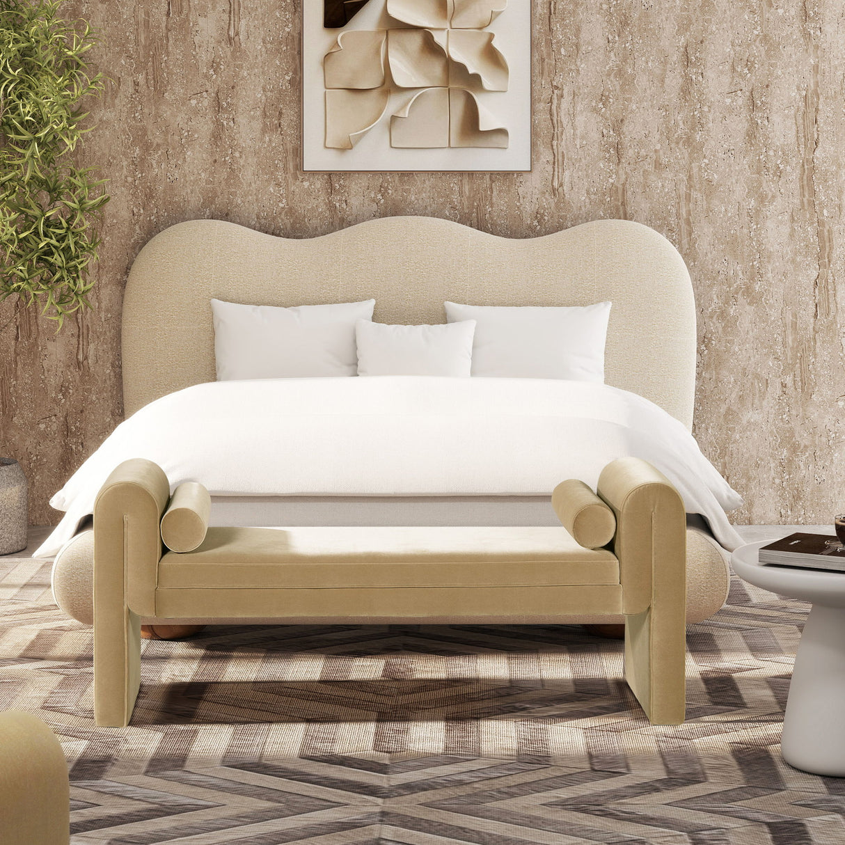 Mason - Arched Arm Bench With Bolster Pillows - Camel Brown Beige by Jennifer Taylor Home | Bel Furniture