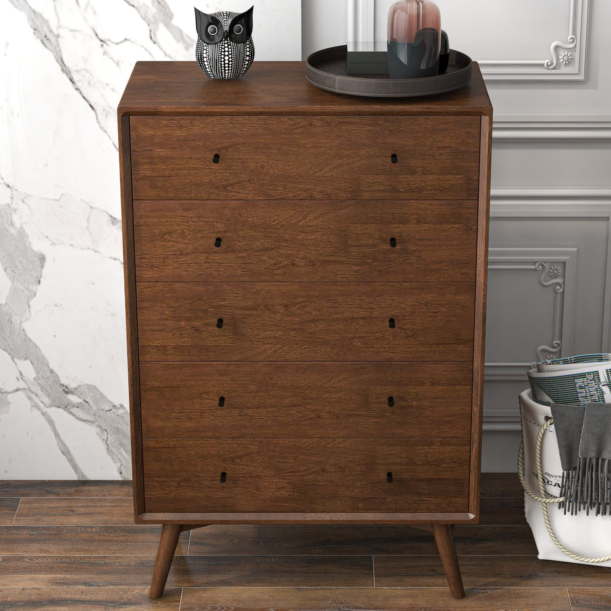 Caroline - Mid-Century Modern Dresser 5 Drawer - Dark Brown
