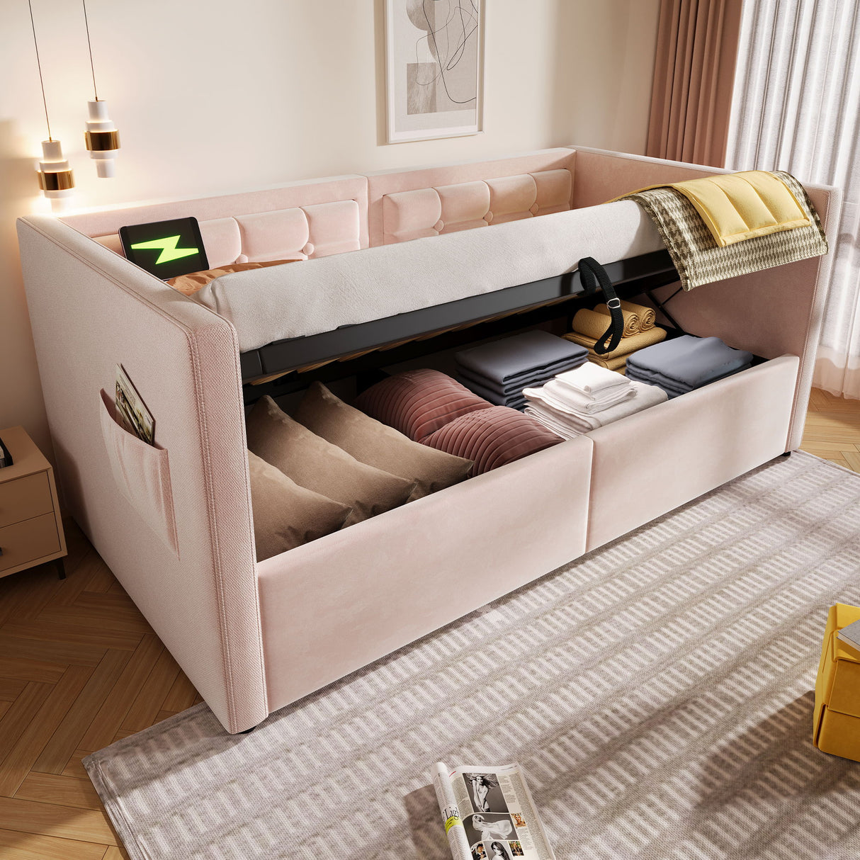 Upholstered Hydraulic Storage Daybed With USB & Type C Charging