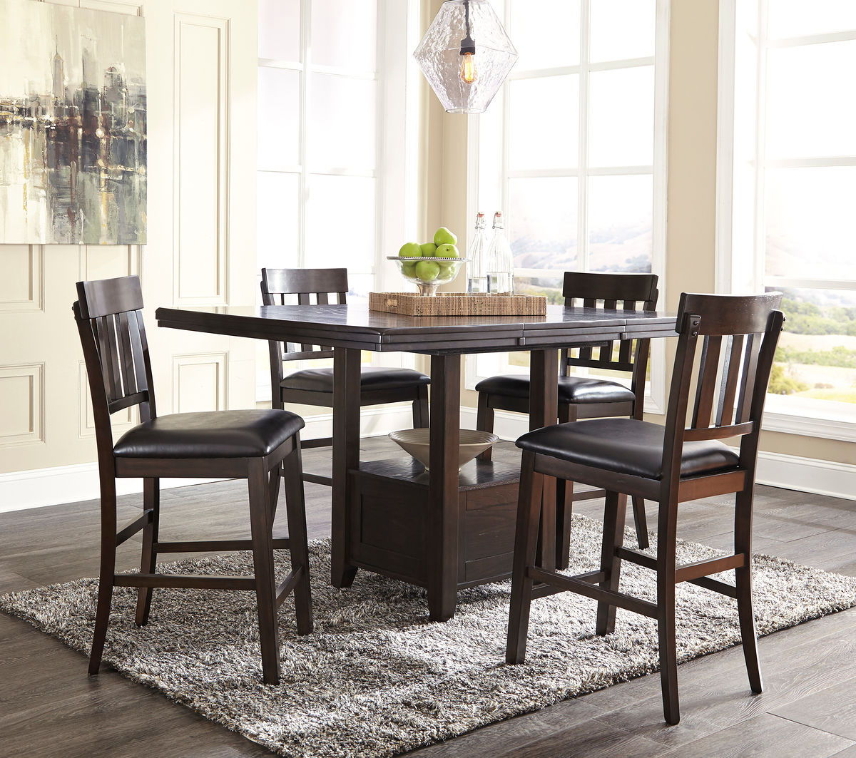 Haddigan - Dining Table With Bar Stools Dark Brown 5 Pc. - Rectangular Dining Room Counter Extension Table, 4 Upholstered Barstools by Signature Design by Ashley® | Bel Furniture