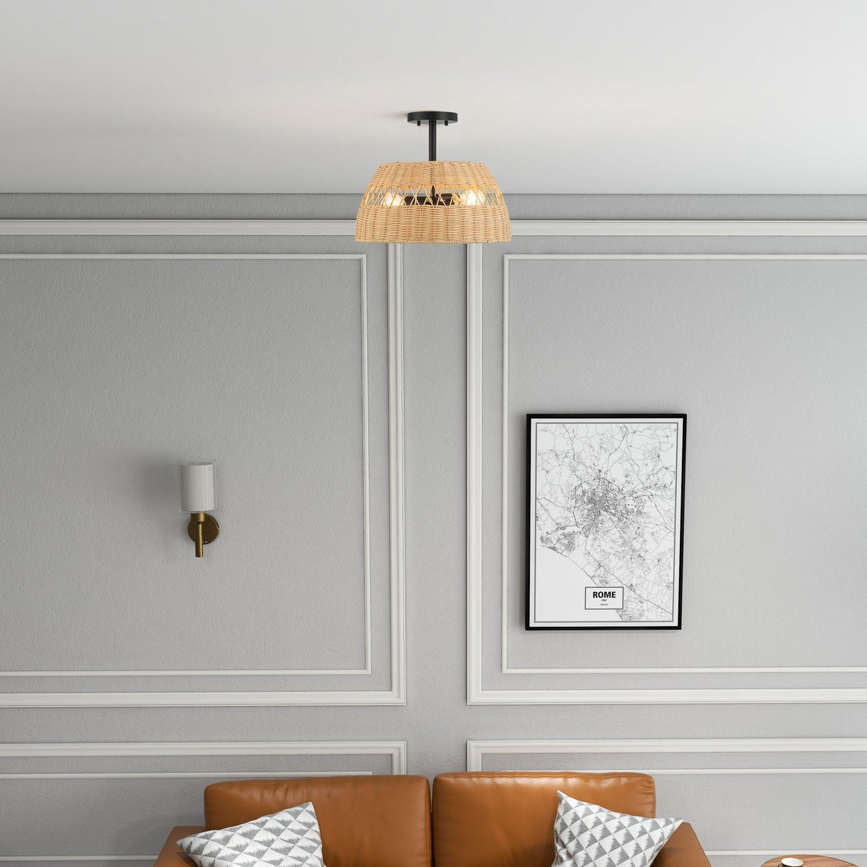 Twinkle - Double Lights Semi Flush With Shade - Black / Rattan by Ashcroft Furniture | Bel Furniture