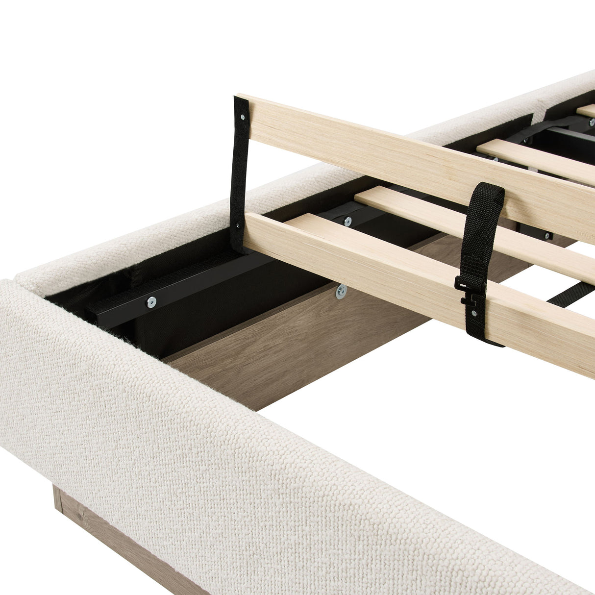 Linton - Queen Size Upholstered Platform Bed - Cream White / Light Grey / Camel Oak