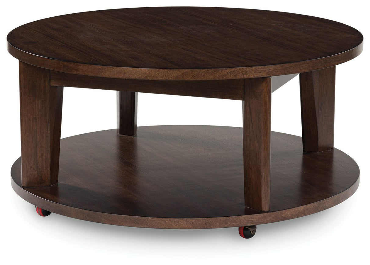 Korestone 2 - Dark Brown - Round Cocktail Table by Signature Design by Ashley® | Bel Furniture