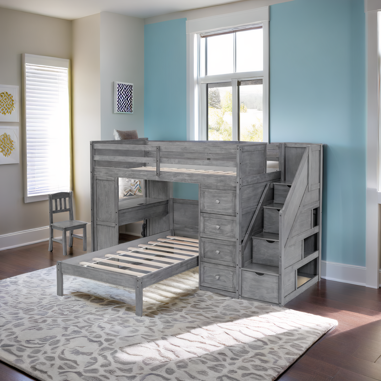 Twin over Twin Bunk Bed Set With Desk, Storage, And Chair by Mollai Collections | Bel Furniture
