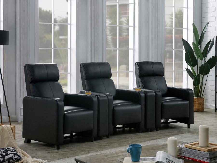 Toohey - Upholstered Tufted Recliner Living Room Set Black 5 Pc. 3 Seats, 2 Console Tables by CoasterEveryday | Bel Furniture