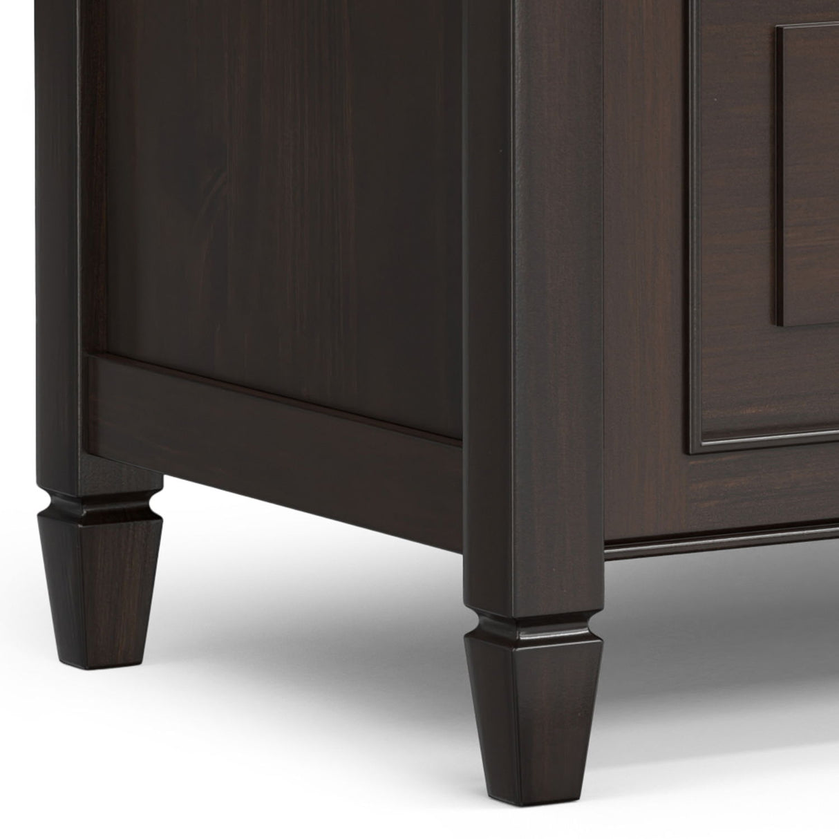 Dark wood storage bench with tapered legs and panel doors, Simpli-Home Connaught - Bel Furniture