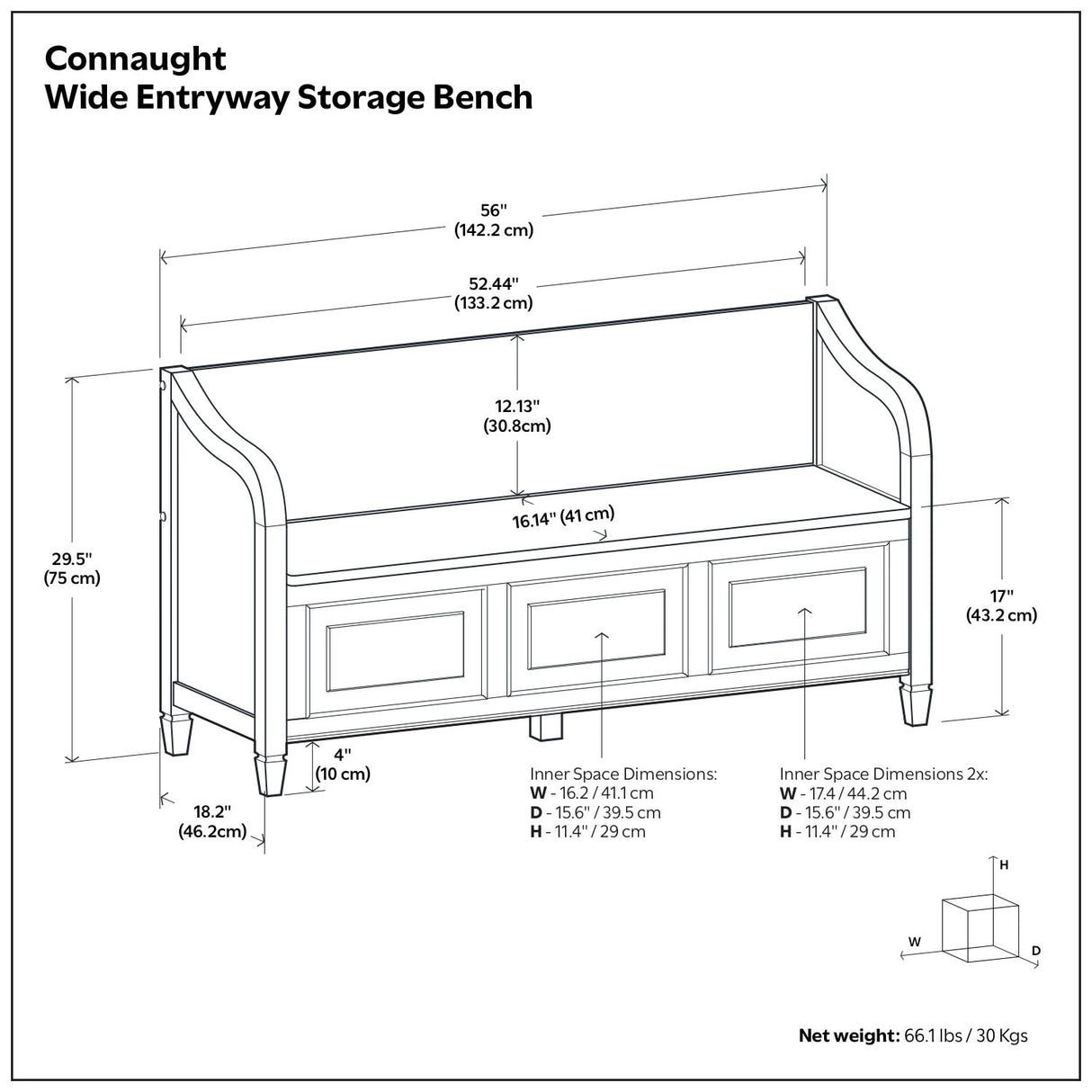 Connaught wide entryway storage bench with detailed dimensions and specifications diagram - Bel Furniture