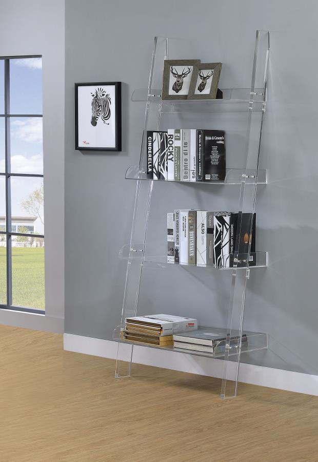 Amaturo - 4-Shelf Acrylic Ladder Bookshelf - Clear by CoasterEssence | Bel Furniture
