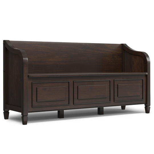 Connaught dark brown wooden storage bench with three drawers and tapered legs, modern farmhouse style
