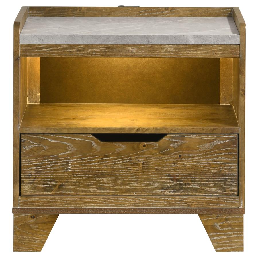Henderson - 1-Drawer LED Nightstand Bedside Table - Medium Oak