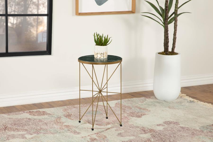 Eliska - Round Green Marble Top Accent Side Table - Antique Gold by CoasterEssence | Bel Furniture