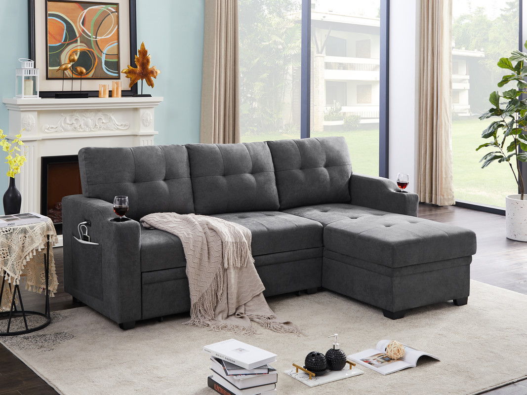 Mabel - Woven Fabric Sleeper Sectional With Cupholder, USB Charging Port nd Pocket - Dark Gray by Lilola Home | Bel Furniture