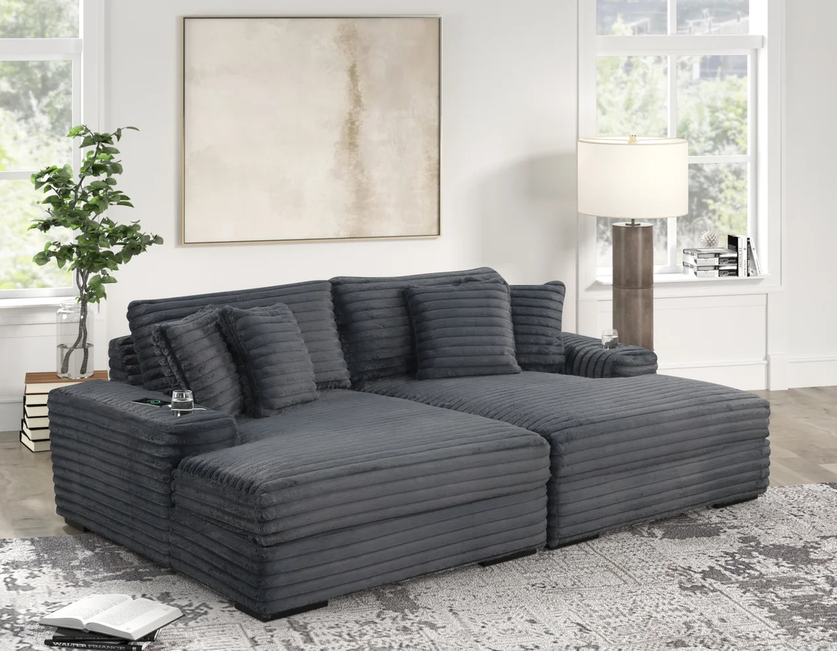 Modern Oversized Charcoal Corduroy Fabric Double Chaise Sectional with Cupholders & USB Outlets
