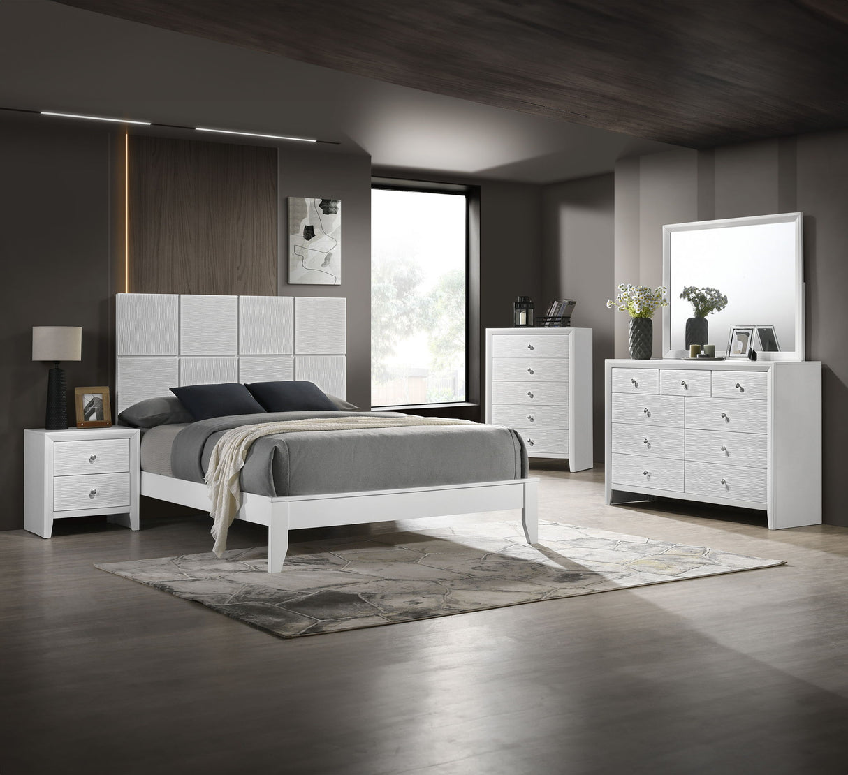 Denker - Bedroom Set White 5 Pc. Bed, Dresser, Mirror, Chest, Nightstand by Crown Mark | Bel Furniture