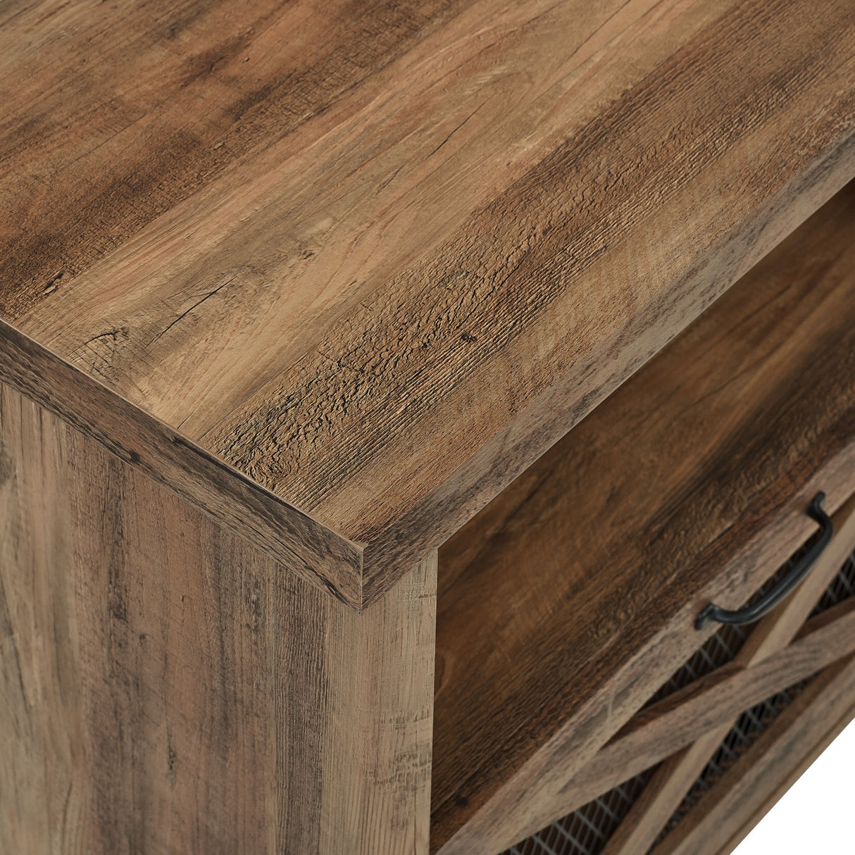 Industrial Farmhouse Metal Mesh Drop Down X Door Fireplace TV Stand by Walker Edison | Bel Furniture