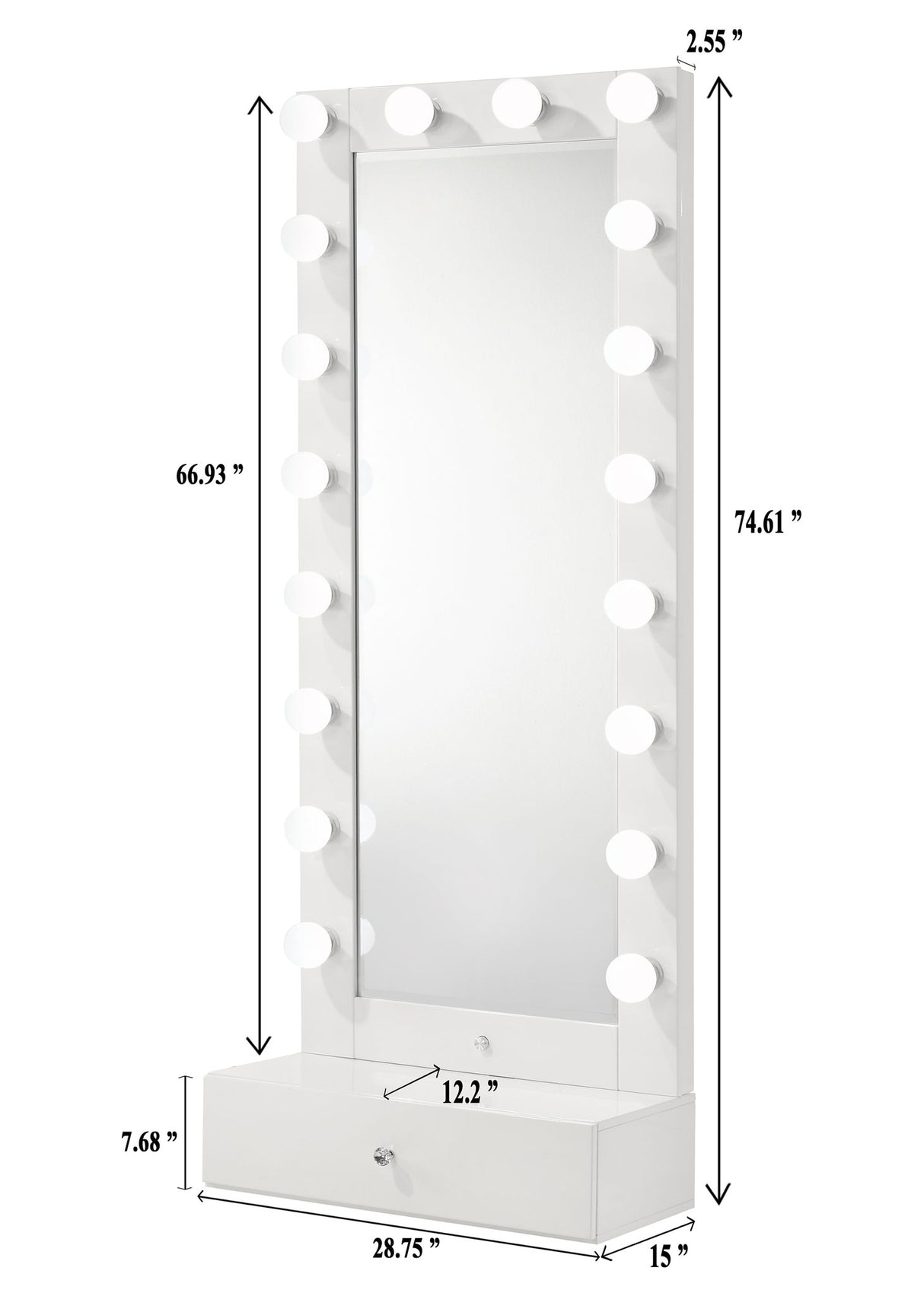 Luxo - Tall Lighted Drawer Vanity Mirror - White