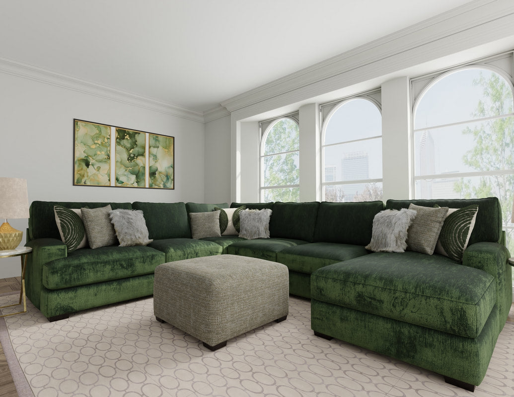 Green sectional sofa with patterned cushions in a living room setting.