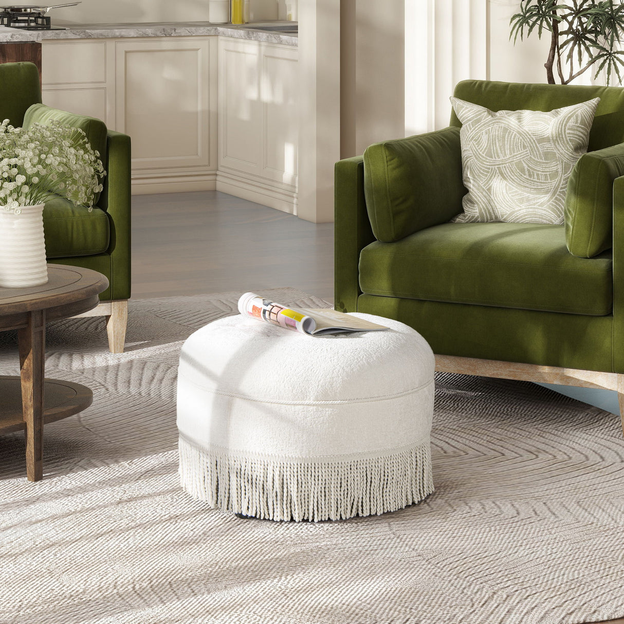 Yolanda - Round Upholstered Accent Ottoman - Almond White by Jennifer Taylor Home | Bel Furniture