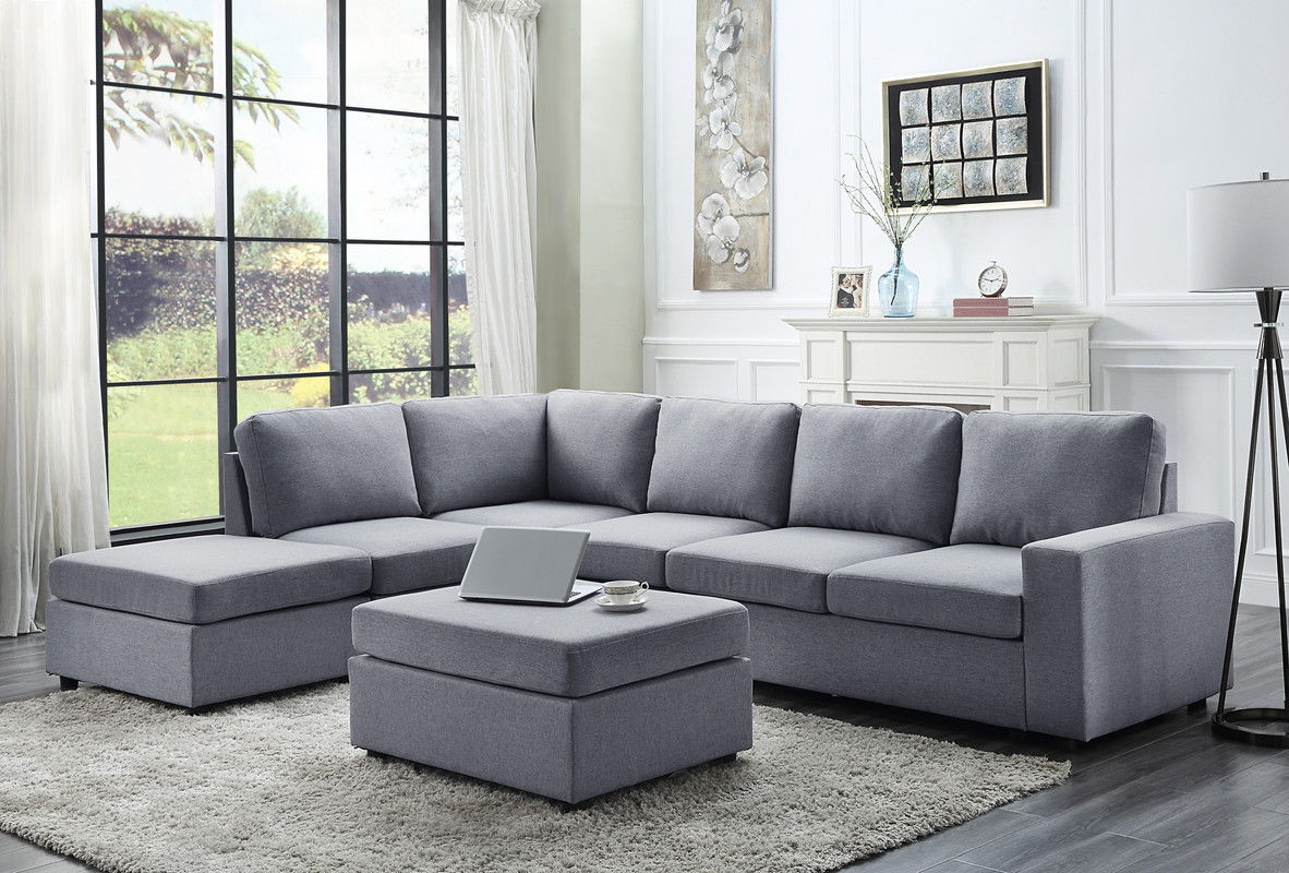 Cassia - 7 Seat Reversible Modular Sectional Sofa With Ottoman - Light Gray