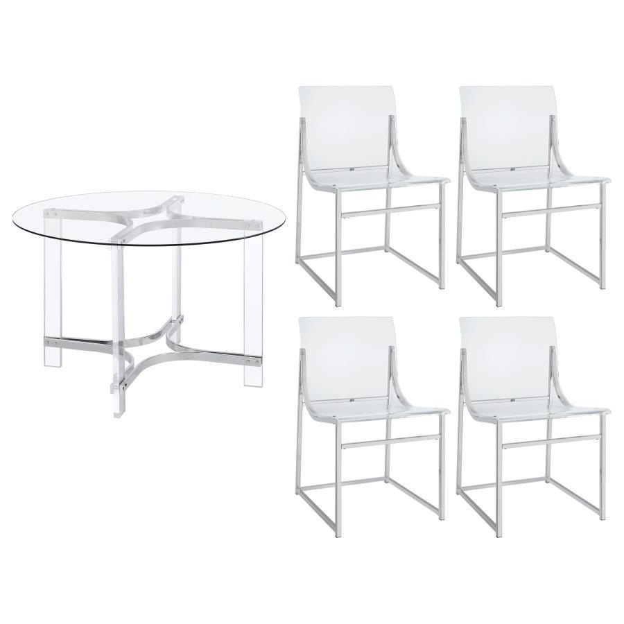 Keeling - 5 Piece Round Glass Top Acrylic Dining Set - Chrome by Coaster Fine Furniture | Bel Furniture