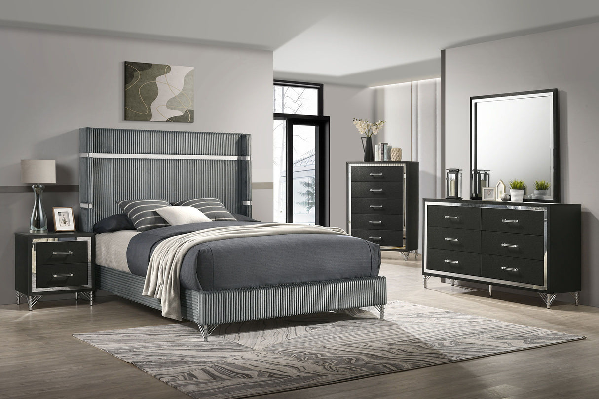 Lucia - Bedroom Set With Upholstered Wingback Panel Bed Gray 5 Pc. Bed, Dresser, Mirror, Chest, Nightstand King by Coaster Fine Furniture | Bel Furniture