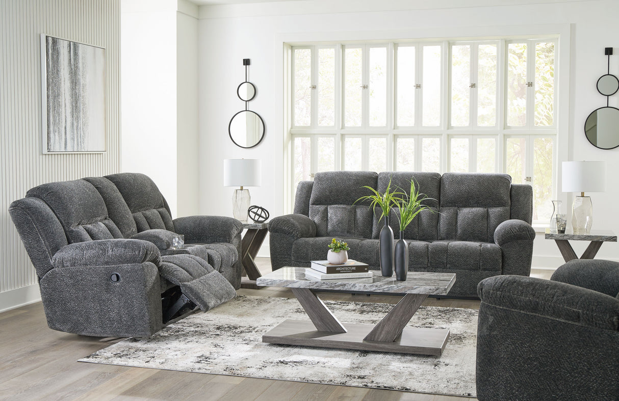 Frohn - Reclining Living Room Set Dark Gray 3 Pc. Reclining Sofa, Reclining Loveseat With Console, Rocker Recliner by Signature Design by Ashley® | Bel Furniture