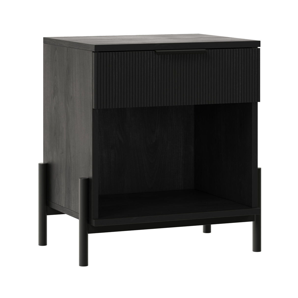 Modern Fluted Drawer Nightstand With Open Cubby Coastal Black by Walker Edison | Bel Furniture